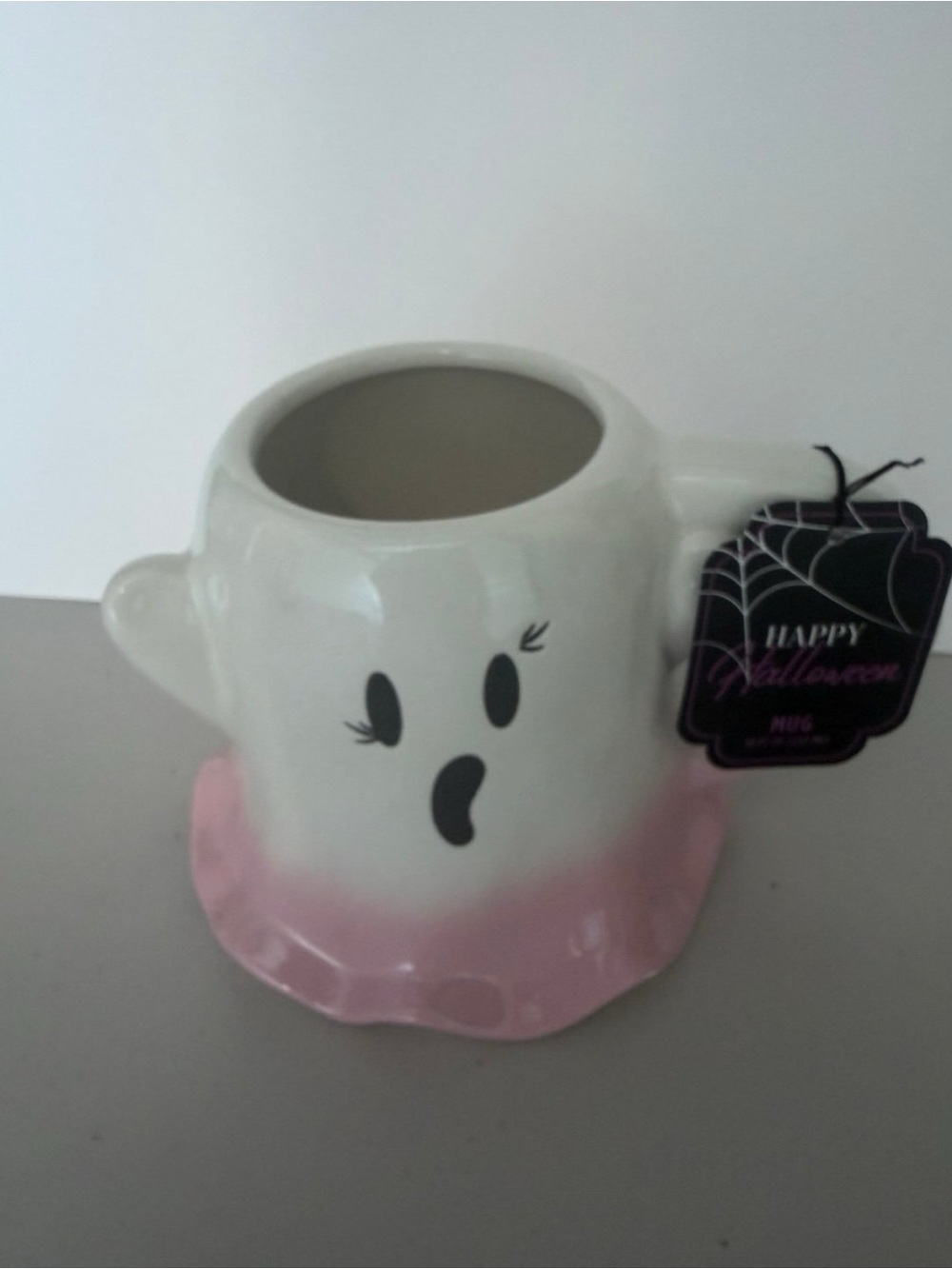 Happy Halloween Pink & White Ghost Ceramic Mug